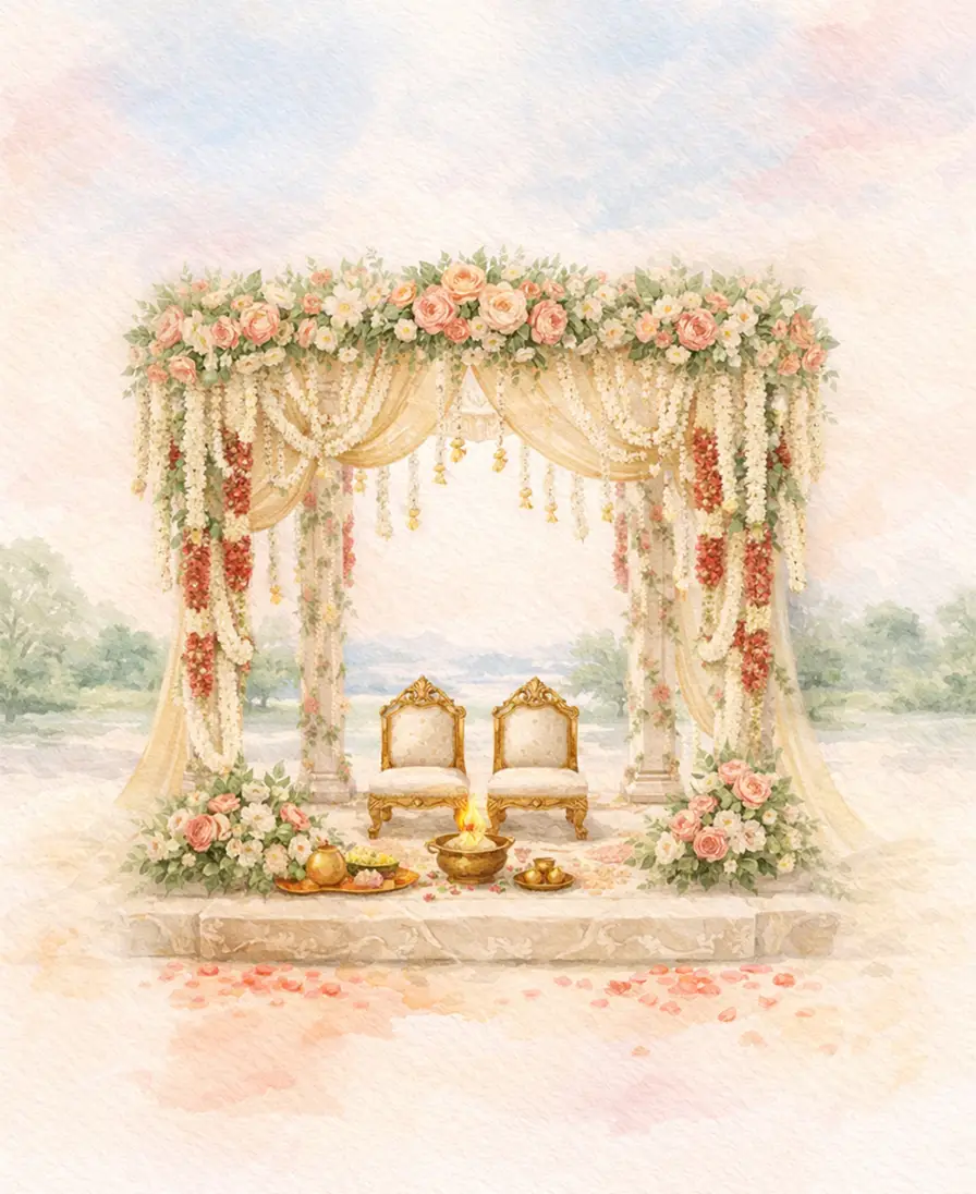 Gift box sleeves Watercolour illustration of a floral wedding mandap with two thrones, printed as a gift box sleeve.